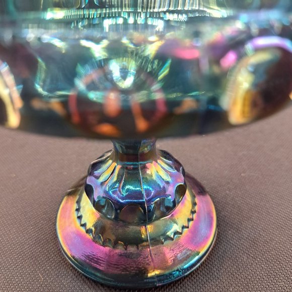 Vintage Carnival Glass Kings Crown Thumbprint Blue Iridescent Indiana Compote - Picture 7 of 11